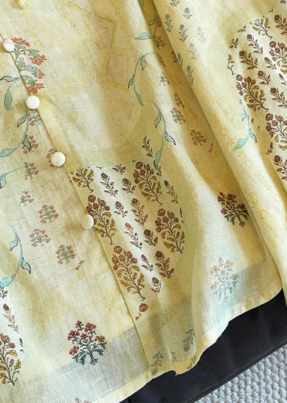 New Yellow V Neck Print Lace Up Cotton Blouse Tops Fall