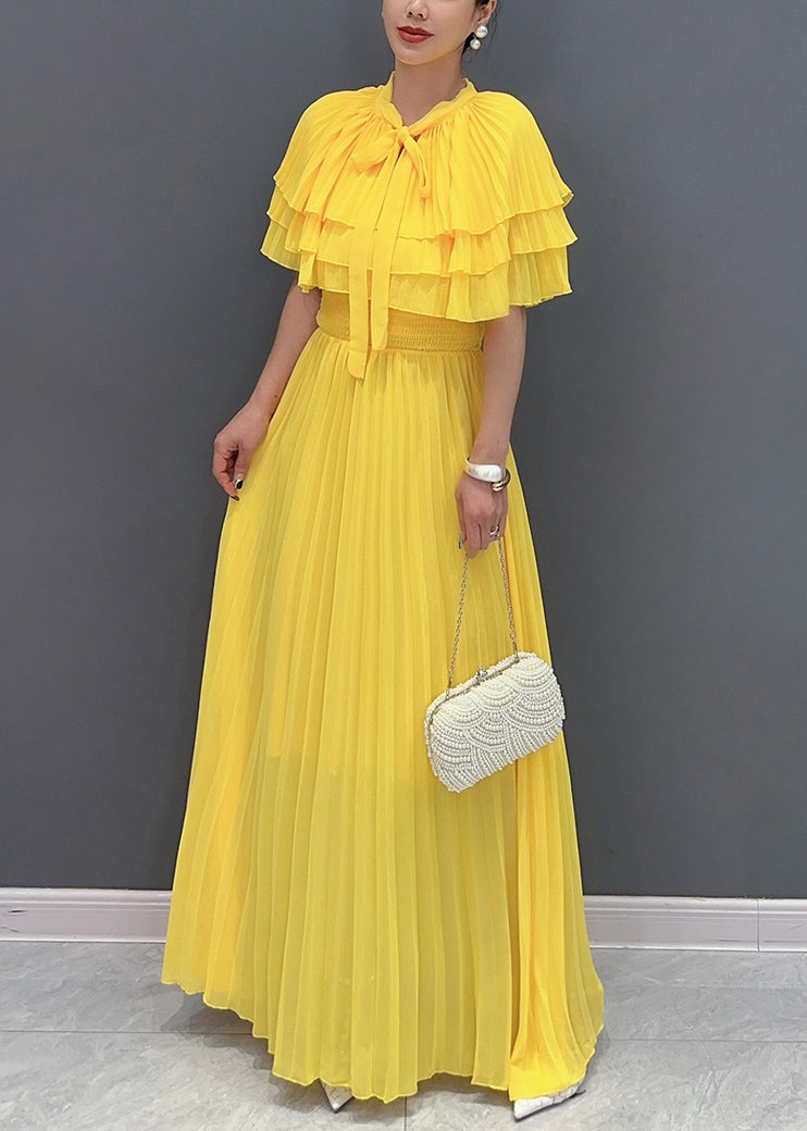 New Yellow Wrinkled Lace Up Chiffon Cape Dresses Summer