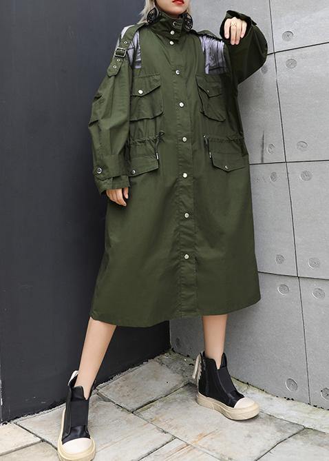 New army green overcoat trendy plus size long lapel drawstring coats - SooLinen