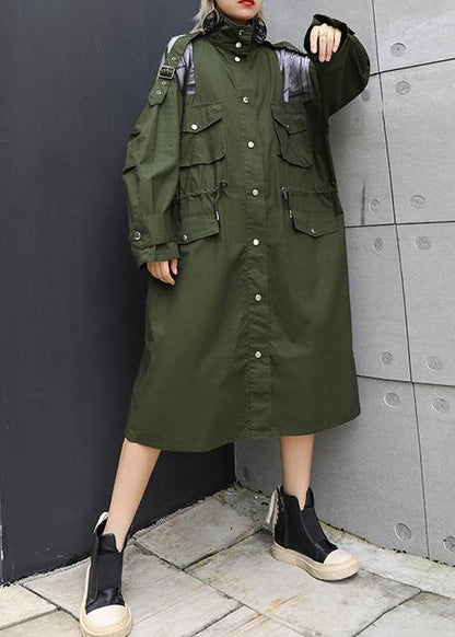 New army green overcoat trendy plus size long lapel drawstring coats - SooLinen