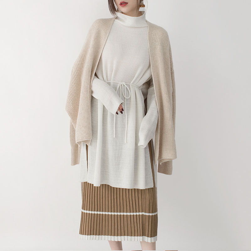 Neuer beigefarbener Winterpullover mit V-Ausschnitt und Bindegürtel, stricken, Sweat-Tops, lässiges Top