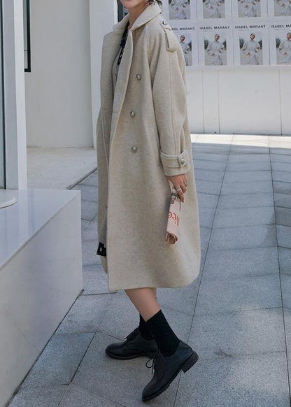 New beige woolen outwear plus size clothing maxi coat back open woolen outwear double breast - SooLinen