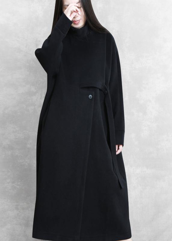 New black Coat Women casual stand collar asymmetric long coat woolen outwear - SooLinen