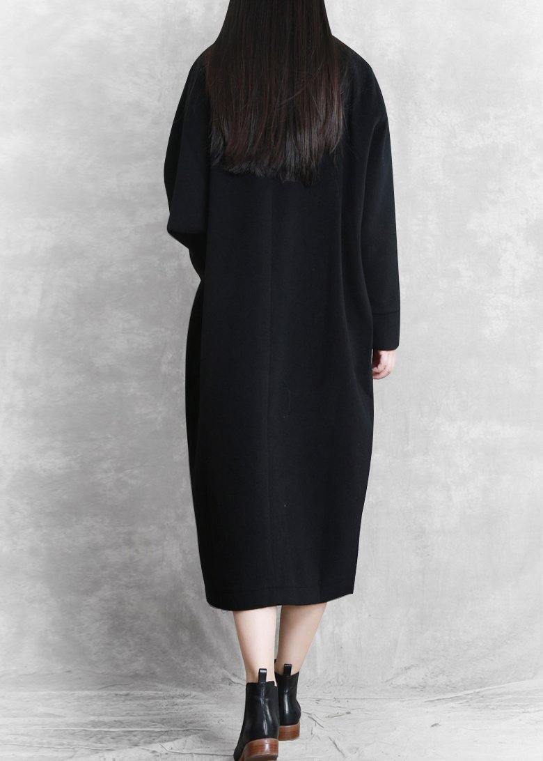 New black Coat Women casual stand collar asymmetric long coat woolen outwear - SooLinen