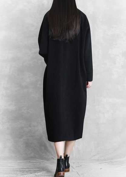 New black Coat Women casual stand collar asymmetric long coat woolen outwear - SooLinen