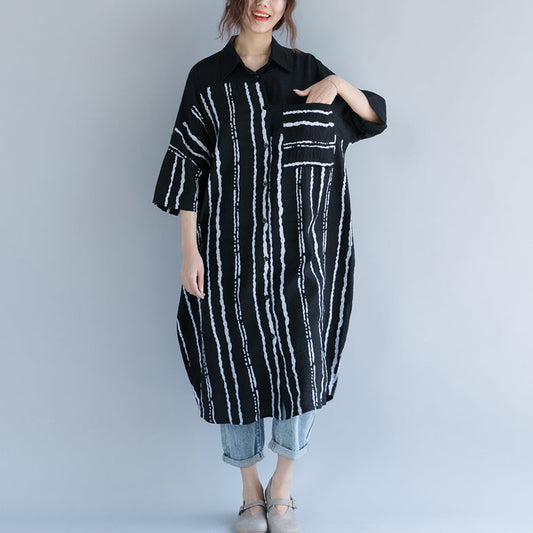 Neues schwarzes Midi-Baumwollkleid, trendiges Reisekleid in Übergröße 2018, Patchwork mit Armbandärmeln, Umlegekragen, gestreifte Baumwollkleider