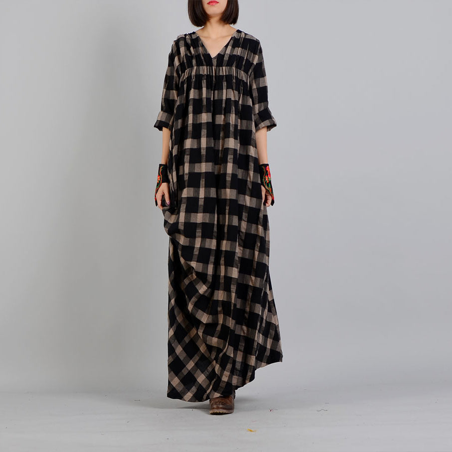 Neu Schwarz Plaid Locker sitzende v-ausschnitt baumwolle leinen kleid 2018 asymmetrische design