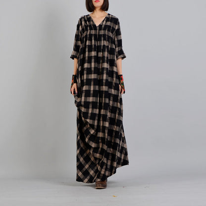 Neu Schwarz Plaid Locker sitzende v-ausschnitt baumwolle leinen kleid 2018 asymmetrische design