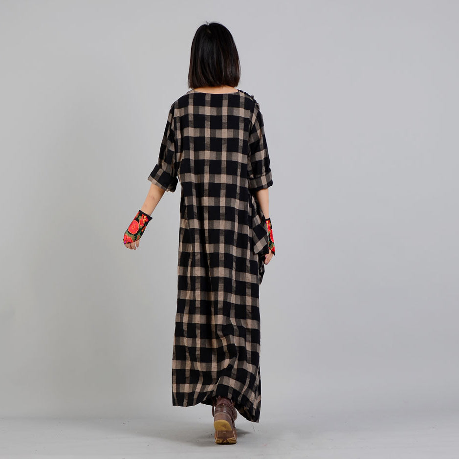 Neu Schwarz Plaid Locker sitzende v-ausschnitt baumwolle leinen kleid 2018 asymmetrische design
