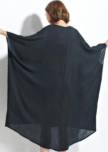 Neue schwarze Chiffon-Kleider Plus Size Kleidung Leinen Maxi-Kleid feine hohe Taille Fledermausärmel Kleidung