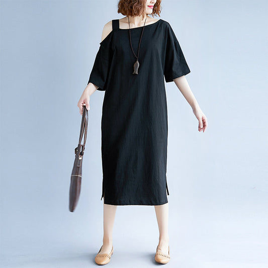 Neues schwarzes Baumwollkleid in Übergröße, Reisekleid, Boutique, kurzärmelige Baggy-Kleider mit Rundhalsausschnitt, Baumwollkleidung
