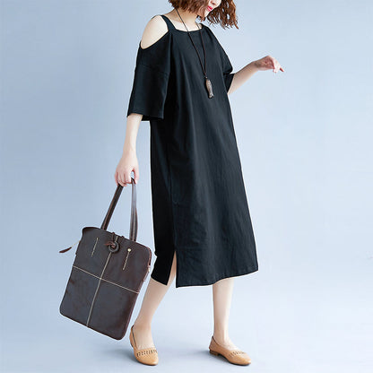Neues schwarzes Baumwollkleid in Übergröße, Reisekleid, Boutique, kurzärmelige Baggy-Kleider mit Rundhalsausschnitt, Baumwollkleidung