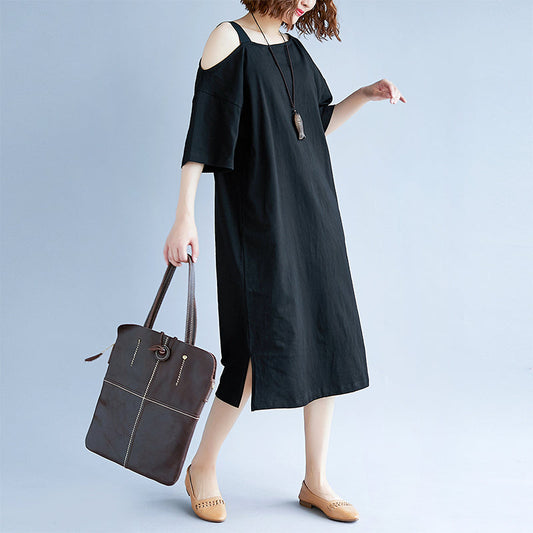 Neues schwarzes Baumwollkleid in Übergröße, Reisekleid, Boutique, kurzärmelige Baggy-Kleider mit Rundhalsausschnitt, Baumwollkleidung