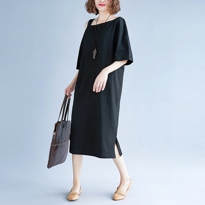 Neues schwarzes Baumwollkleid in Übergröße, Reisekleid, Boutique, kurzärmelige Baggy-Kleider mit Rundhalsausschnitt, Baumwollkleidung