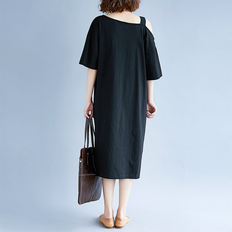 Neues schwarzes Baumwollkleid in Übergröße, Reisekleid, Boutique, kurzärmelige Baggy-Kleider mit Rundhalsausschnitt, Baumwollkleidung
