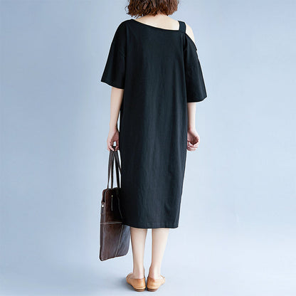Neues schwarzes Baumwollkleid in Übergröße, Reisekleid, Boutique, kurzärmelige Baggy-Kleider mit Rundhalsausschnitt, Baumwollkleidung