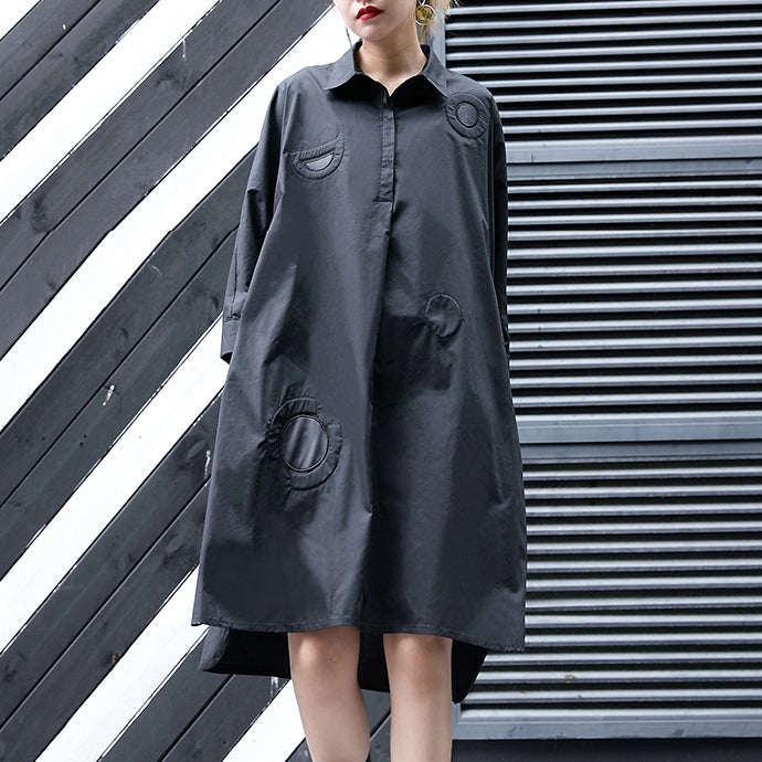 Neues schwarzes Kniekleid aus Baumwolle in Übergröße, Maxikleid aus Baumwolle für Damen mit Reverskragen, asymmetrische Baumwollkleider