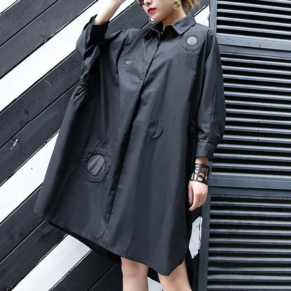 Neues schwarzes Kniekleid aus Baumwolle in Übergröße, Maxikleid aus Baumwolle für Damen mit Reverskragen, asymmetrische Baumwollkleider