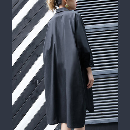 Neues schwarzes Kniekleid aus Baumwolle in Übergröße, Maxikleid aus Baumwolle für Damen mit Reverskragen, asymmetrische Baumwollkleider