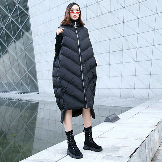 Neue schwarze Daunenoberteile, trendige Daunenjacke mit Kapuze und Reißverschluss in Übergröße, lässige ärmellose Trenchcoats