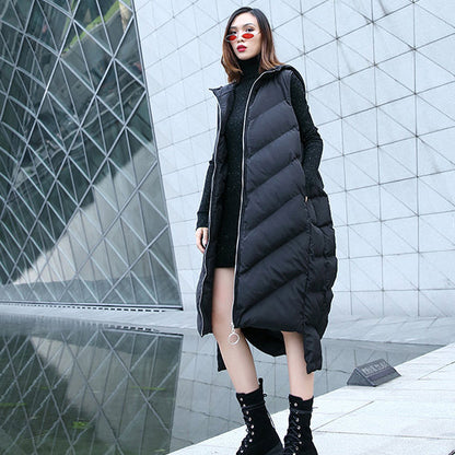 Neue schwarze Daunenoberteile, trendige Daunenjacke mit Kapuze und Reißverschluss in Übergröße, lässige ärmellose Trenchcoats
