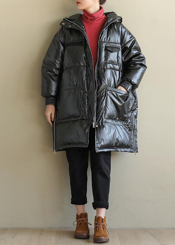 New black overcoat oversize snow jackets hooded zippered coats - SooLinen