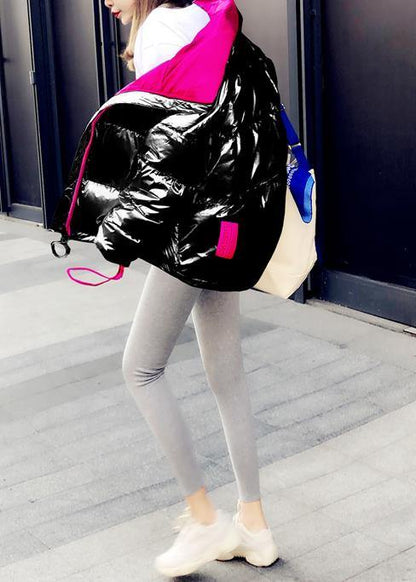 New black patchwork down coat winter Loose fitting snow jackets stand collar zippered New overcoat - SooLinen