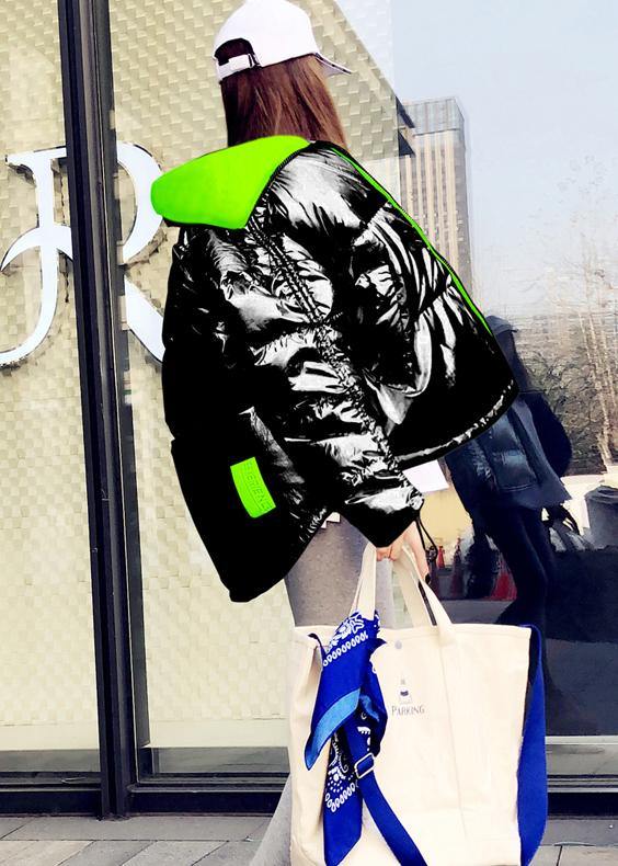 New black patchwork down coat winter Loose fitting snow jackets stand collar zippered New overcoat - SooLinen