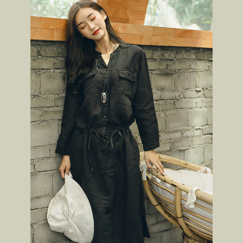 Neu Schwarz plus größe leinen kleid krawatte taille frauen