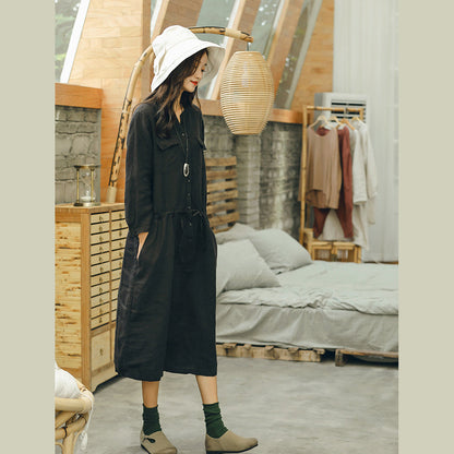 Neu Schwarz plus größe leinen kleid krawatte taille frauen