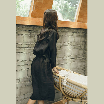 Neu Schwarz plus größe leinen kleid krawatte taille frauen