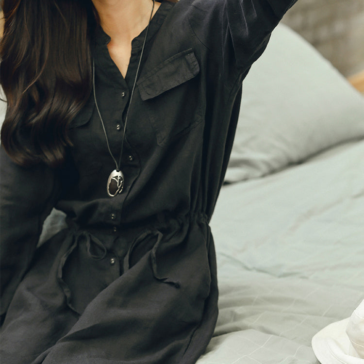 Neu Schwarz plus größe leinen kleid krawatte taille frauen