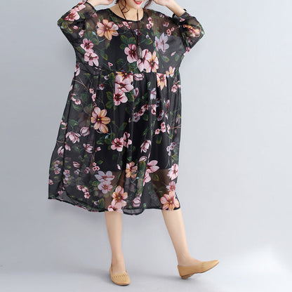 Neue schwarze Drucke Chiffon-Kleider plus Größe Casual Dress Langarm zwei Stücke Kleid