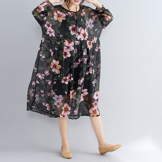 Neue schwarze Drucke Chiffon-Kleider plus Größe Casual Dress Langarm zwei Stücke Kleid