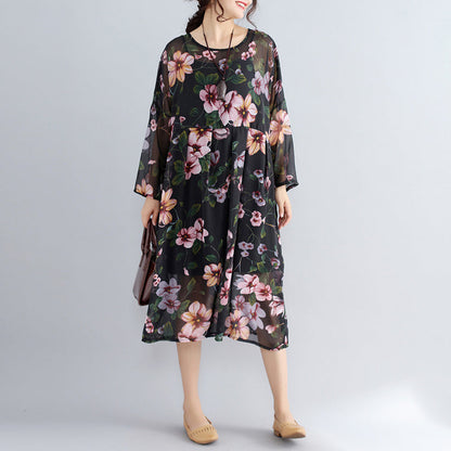 Neue schwarze Drucke Chiffon-Kleider plus Größe Casual Dress Langarm zwei Stücke Kleid