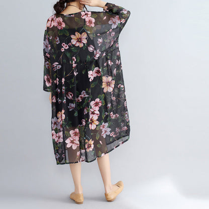 Neue schwarze Drucke Chiffon-Kleider plus Größe Casual Dress Langarm zwei Stücke Kleid