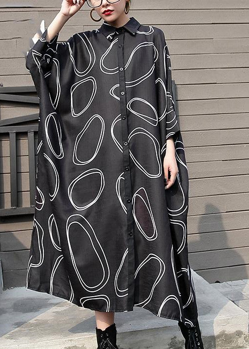 Neue schwarze Chiffon-Kleider in Übergröße mit Prints, Reisekleid, Boutique-Shirt mit Fledermausärmeln, Maxi-Kleider
