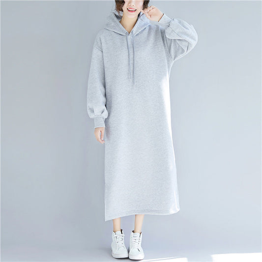 Neues schwarzes Frühlingskleid in Übergröße mit seitlich offener Kapuze und Kordelzug aus Baumwolle