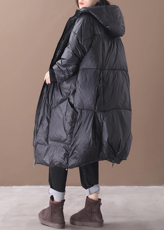 New black warm winter coat plus size down jacket hooded pockets women coats - SooLinen