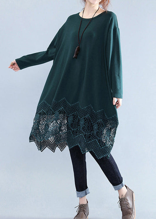 Neues schwärzlich-grünes Baumwoll-Etuikleid in Übergröße, Baumwollkleidung, Kleider, Vintage-Spitzenrüschen, Langarm-Baumwollkleider