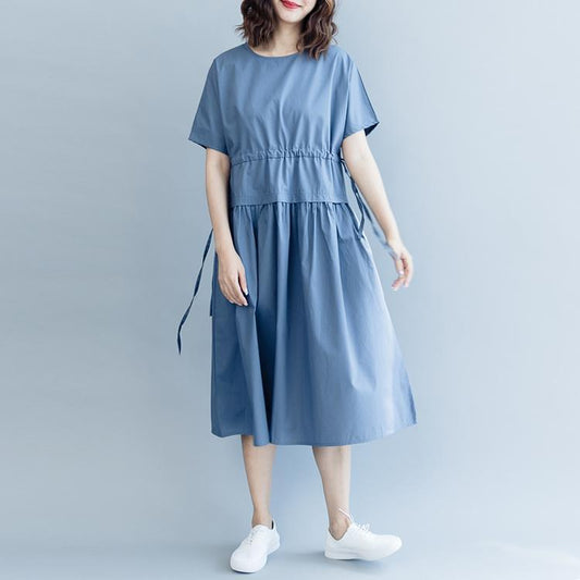 Neue blaue Baumwollkleider Oversize O-Ausschnitt Kordelzug Kaftane Feine Kurzarm Baggy Kleider