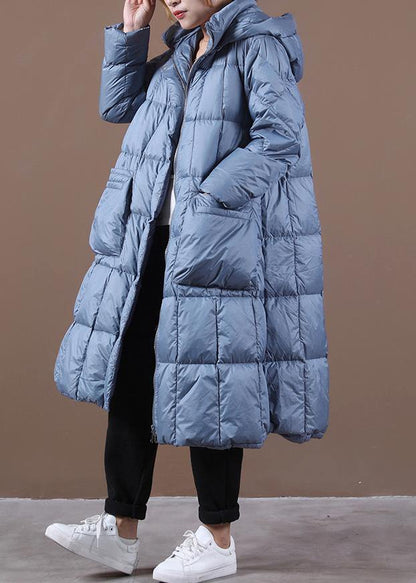 New blue down coat winter casual down jacket hooded zippered Casual outwear - SooLinen