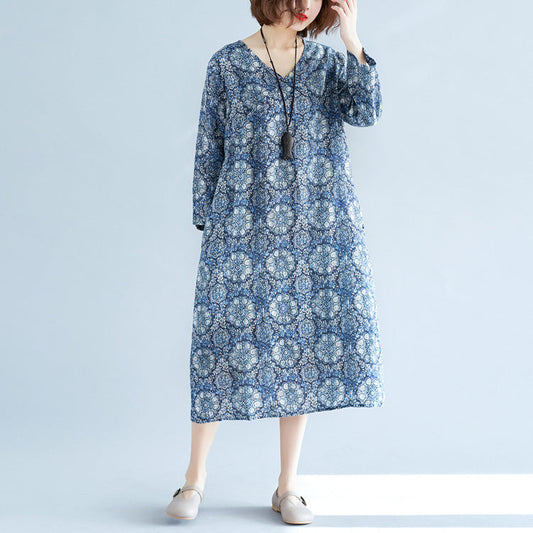 Neues langes Leinenkleid mit blauem Aufdruck, Übergrößen, V-Ausschnitt, Baggy-Kleider, Reisekleidung, Vintage-Kleider mit langen Ärmeln und Taschen