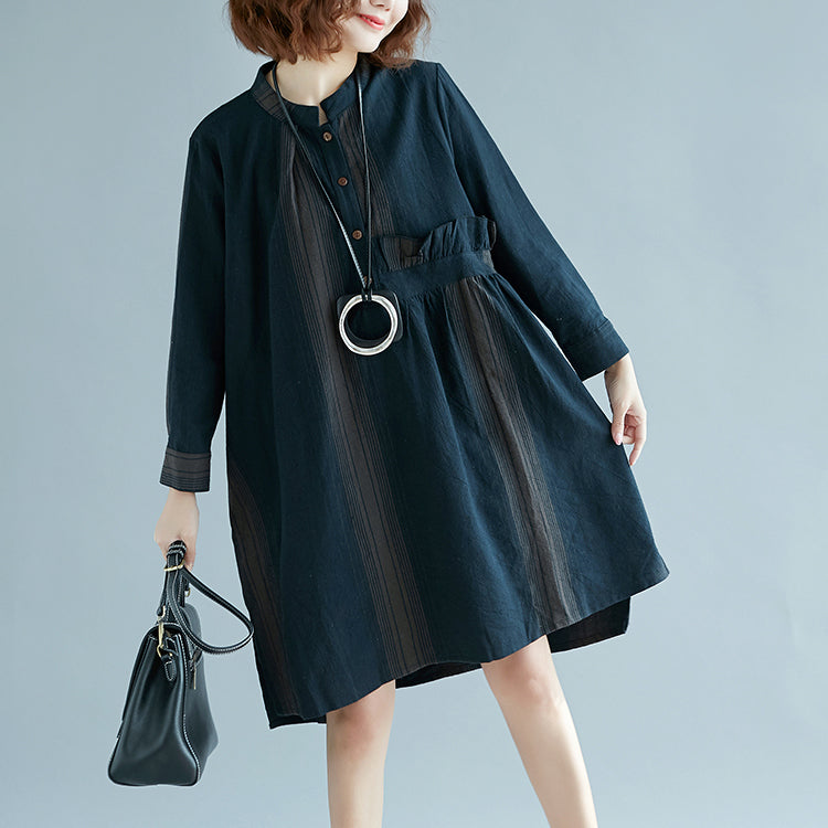 Neues blau gestreiftes Baumwoll-Leinen-Kleid, trendiges Plus-Size-Casual-Langarm-Baggy-Kleid, seitlich offenes Leinen-Baumwoll-Kleid