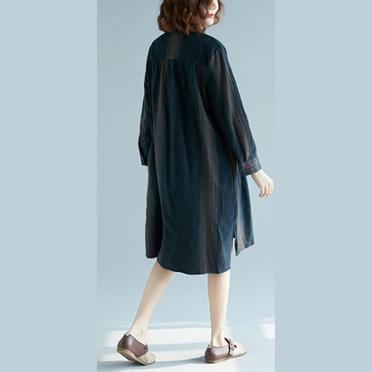 Neues blau gestreiftes Baumwoll-Leinen-Kleid, trendiges Plus-Size-Casual-Langarm-Baggy-Kleid, seitlich offenes Leinen-Baumwoll-Kleid