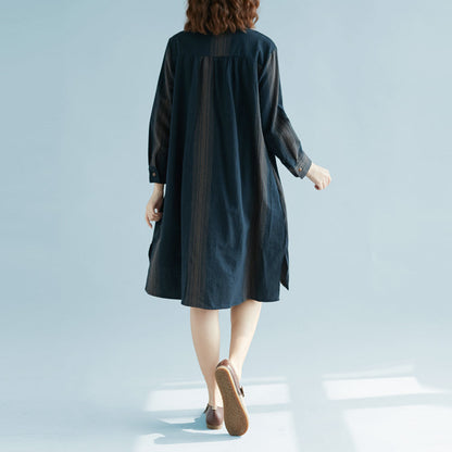 Neues blau gestreiftes Baumwoll-Leinen-Kleid, trendiges Plus-Size-Casual-Langarm-Baggy-Kleid, seitlich offenes Leinen-Baumwoll-Kleid