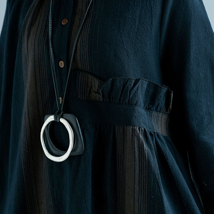 Neues blau gestreiftes Baumwoll-Leinen-Kleid, trendiges Plus-Size-Casual-Langarm-Baggy-Kleid, seitlich offenes Leinen-Baumwoll-Kleid