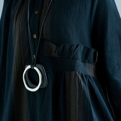 Neues blau gestreiftes Baumwoll-Leinen-Kleid, trendiges Plus-Size-Casual-Langarm-Baggy-Kleid, seitlich offenes Leinen-Baumwoll-Kleid