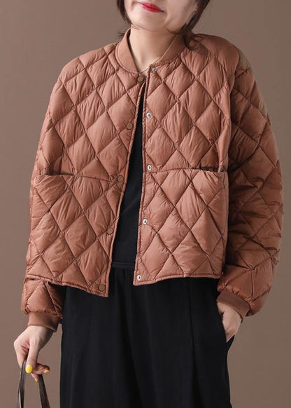 New brown warm winter coat plus size winter stand collar Geometric overcoat - SooLinen