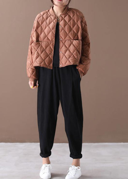 New brown warm winter coat plus size winter stand collar Geometric overcoat - SooLinen